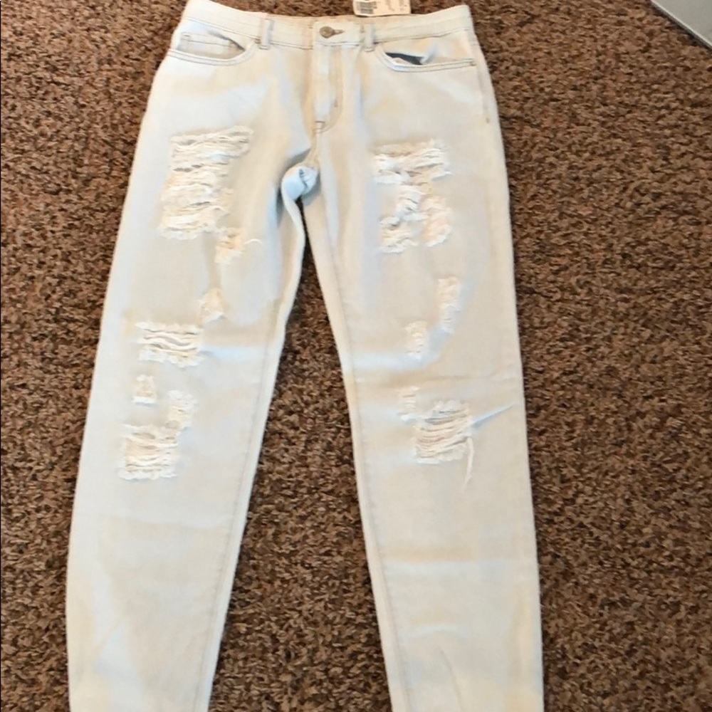 Forever 21 boyfriend jeans, heavily distressed